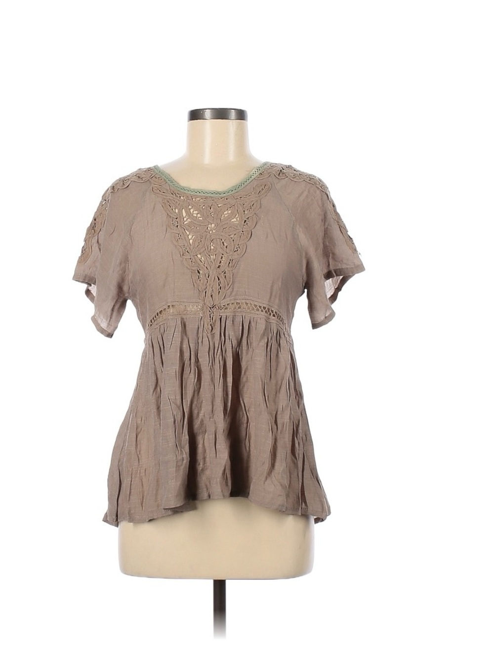 NWT Solitaire Taupe Boho Crochet-Accent Short Sleeve Top with Green Trim